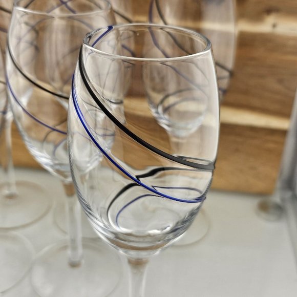 6) Fused Glass Swirl Delicate Double Line Champagne Flutes 8" Glasses blue black - Picture 6 of 11